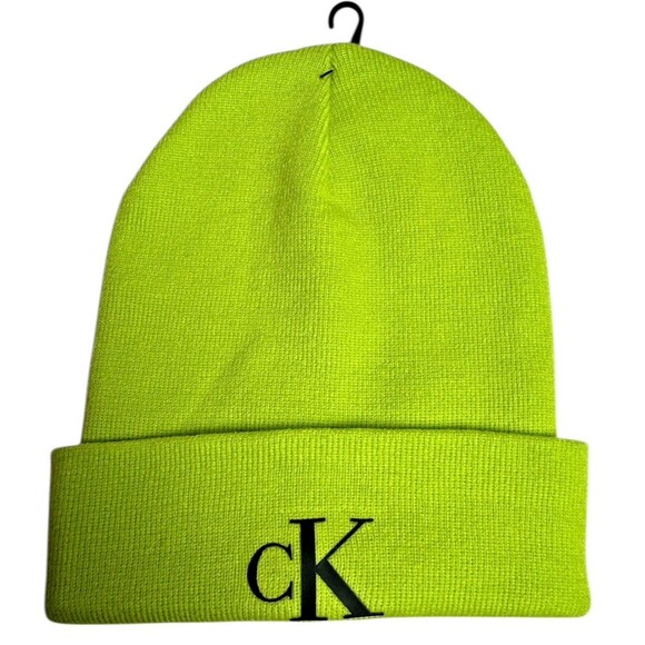 Calvin Klein CK Beanie Green Knitted Winter Hat Neon New Beenie - Picture 1 of 3
